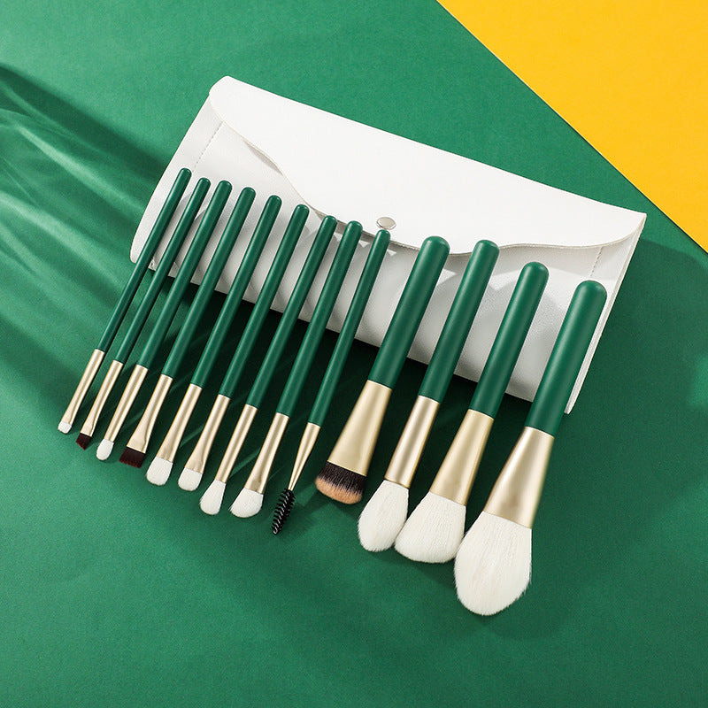 Private label fiber hair makeup brush set green 13pcs with white bag