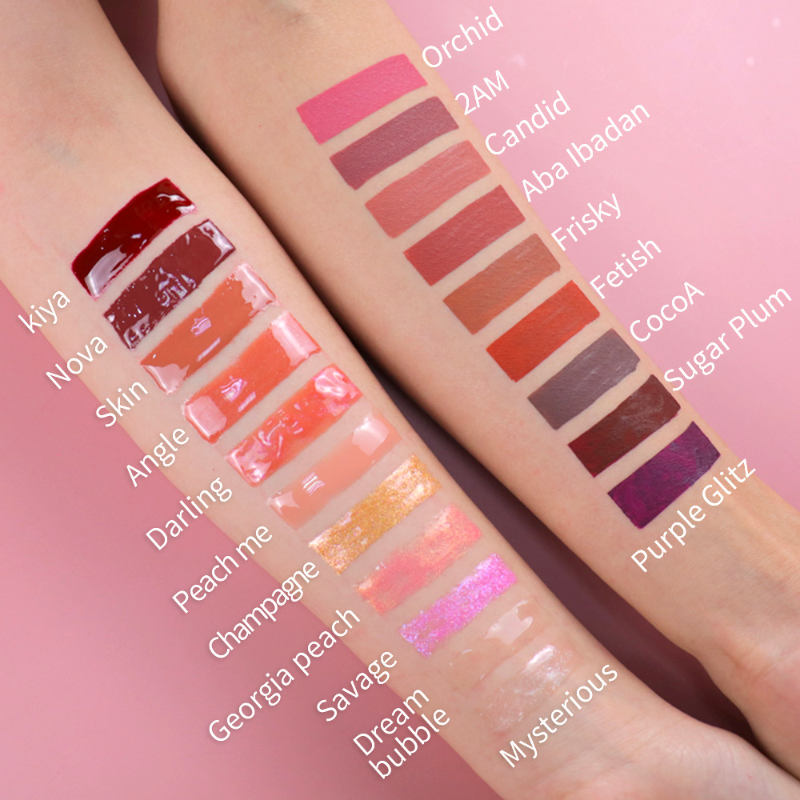 Private label glossy non-stick lip glaze color board on hands