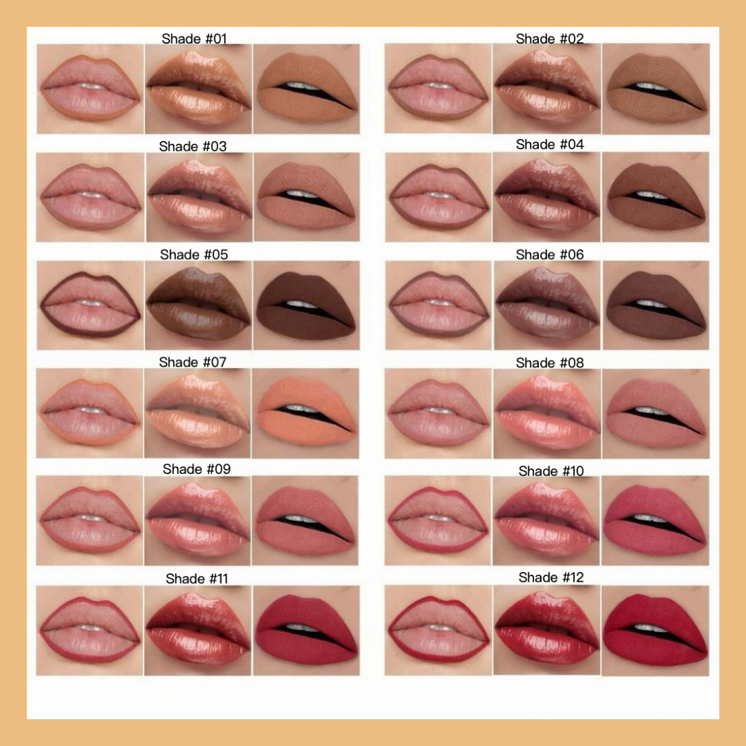 Private Label Natural Lip Liner, Lip Gloss & Matte Lipstick Set shade chart