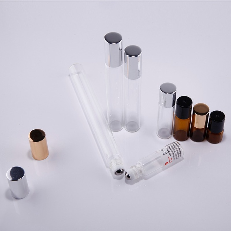 Amber transparent roll on glass bottle