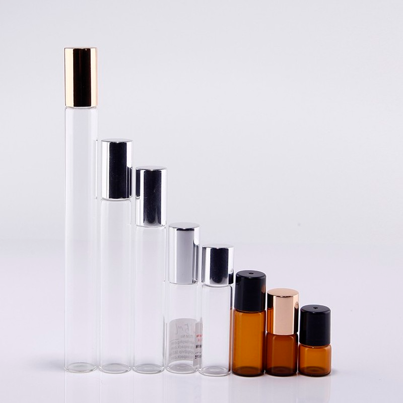 Amber transparent roll on glass bottle