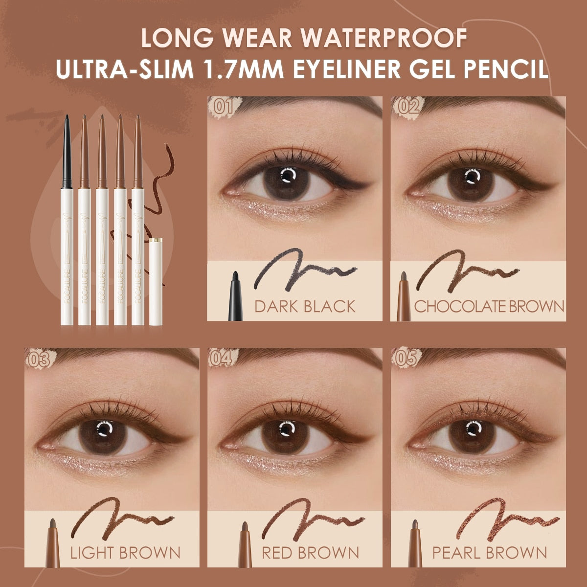 Metacnbeauty Sample  Waterproof Eyeliner Gel Pencil Red Brown Ultra-slim 1.7mm