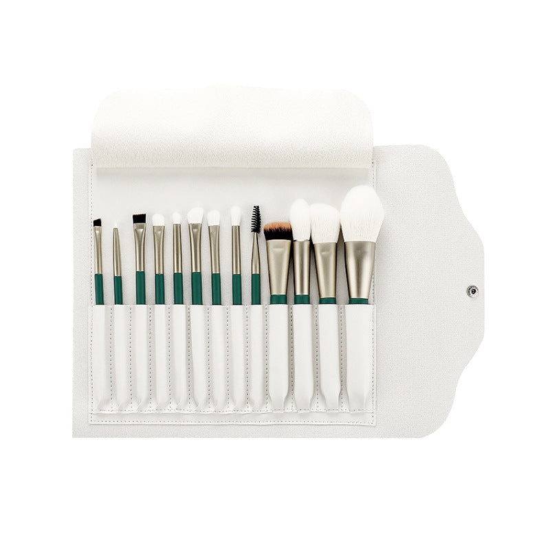 Private label fiber hair makeup brush set green 13pcs in white bag