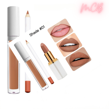 Private Label Natural  Matte Waterproof, non-transferable  lip liner , lip gloss and lipstick set  shade01
