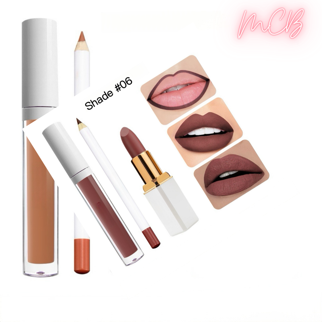 Private Label Natural  Matte Waterproof, non-transferable  lip liner , lip gloss and lipstick set  shade06