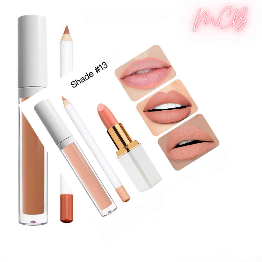 Private Label Natural  Matte Waterproof, non-transferable  lip liner , lip gloss and lipstick set  shade13