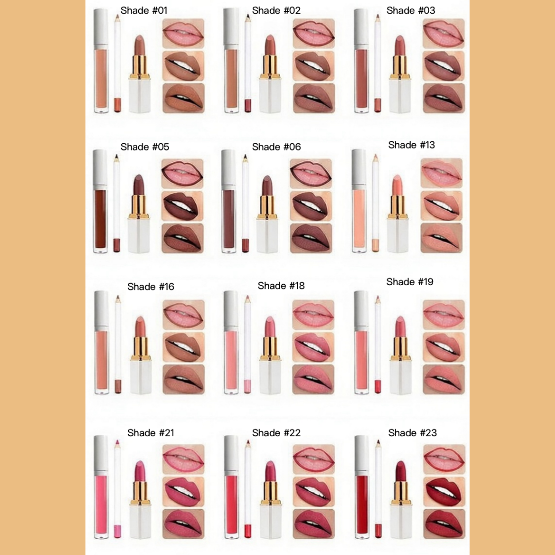 Private Label Natural  Matte Waterproof, non-transferable  lip liner , lip gloss and lipstick set  shade chart1