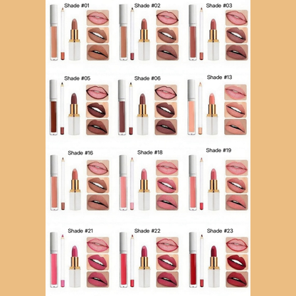 Private Label Natural  Matte Waterproof, non-transferable  lip liner , lip gloss and lipstick set  shade chart1