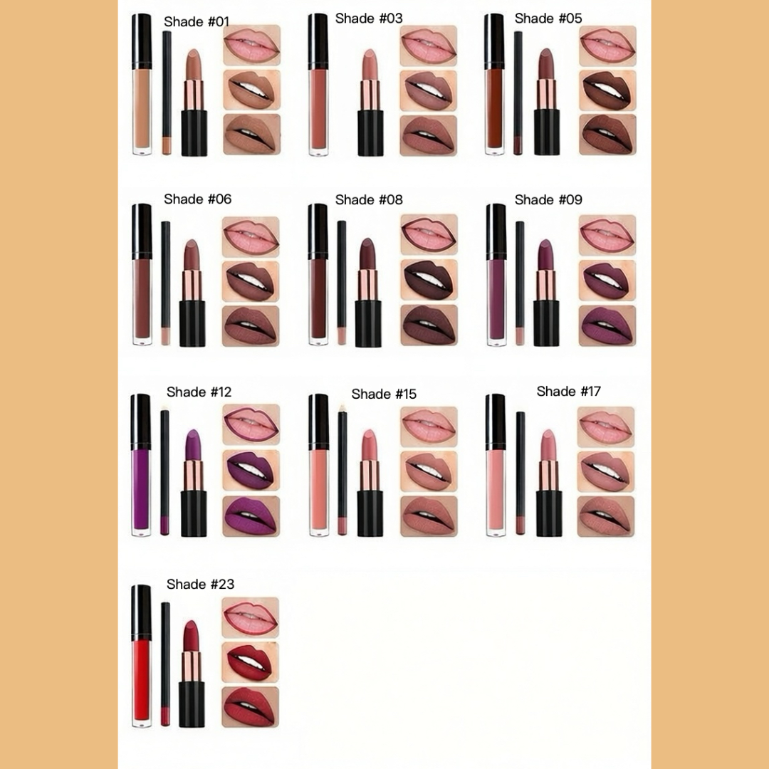 Private Label Natural  Matte Waterproof, non-transferable  lip liner , lip gloss and lipstick set  shade chart2