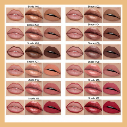 Private Label Natural Lip Liner, Lip Gloss & Matte Lipstick Set shade chart