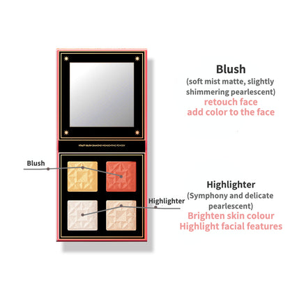 Long-lasting waterproof and sweat-proof powder blush + high-gloss four-color palette